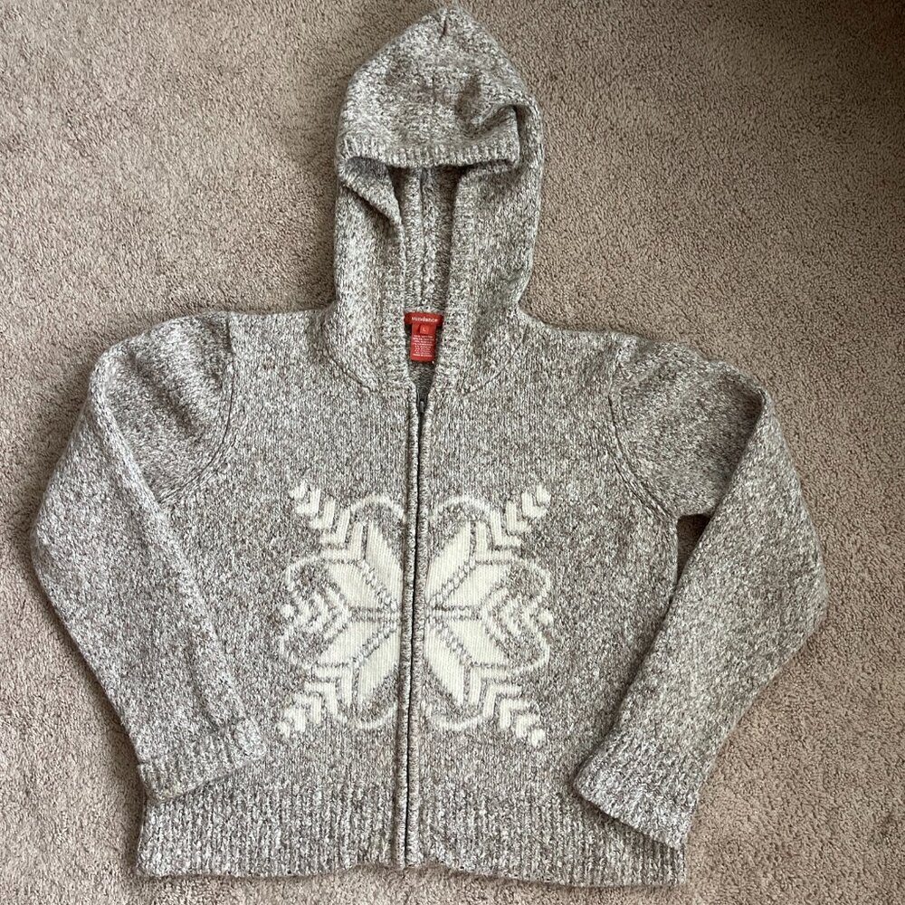 Sundance Full Zip Womens L Tan Marled Cream Snowflake Hooded Alpaca Lambswool